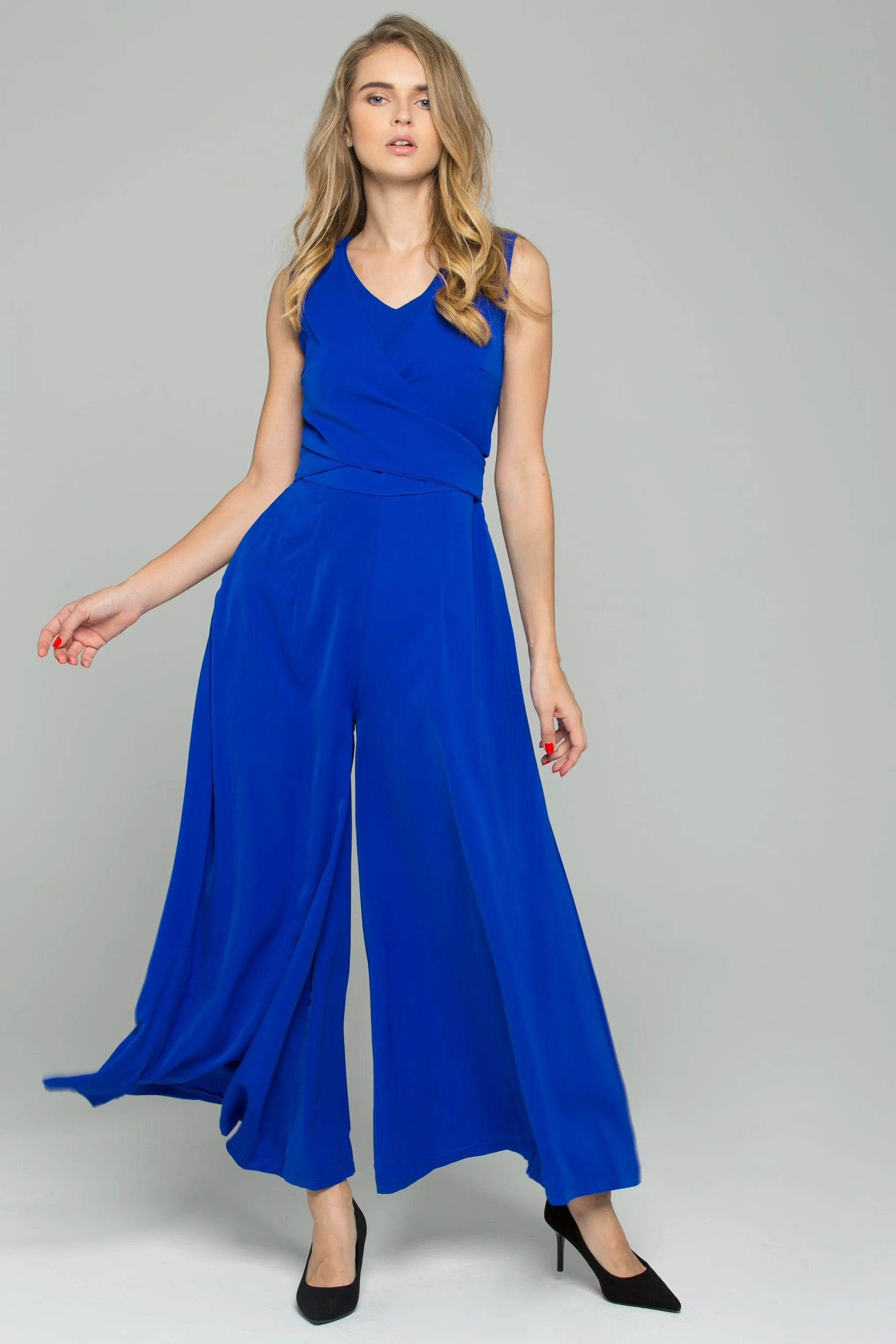 Blue Cotton V-Neck Sleeveless Tie Front Jumpsuit