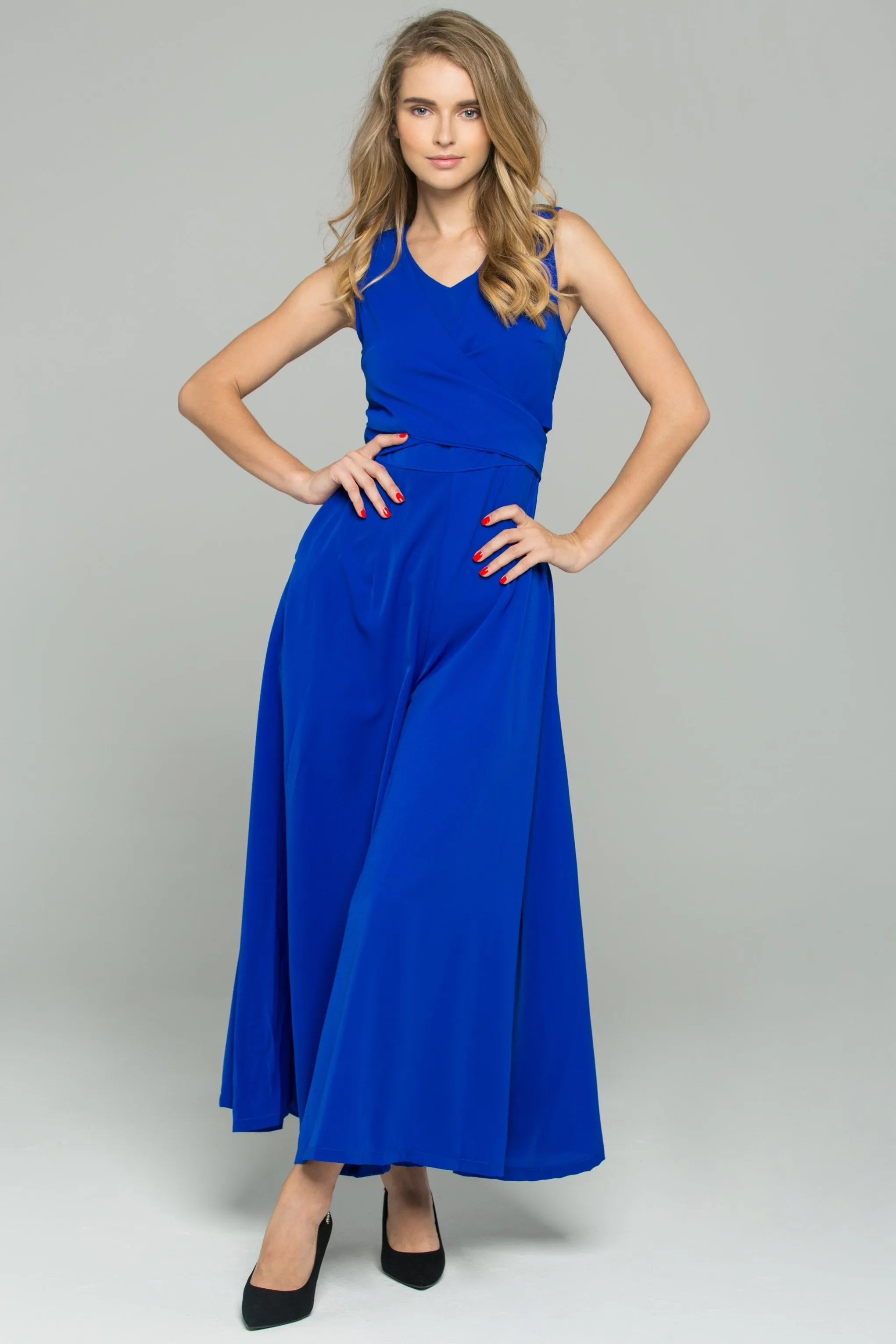 Blue Cotton V-Neck Sleeveless Tie Front Jumpsuit