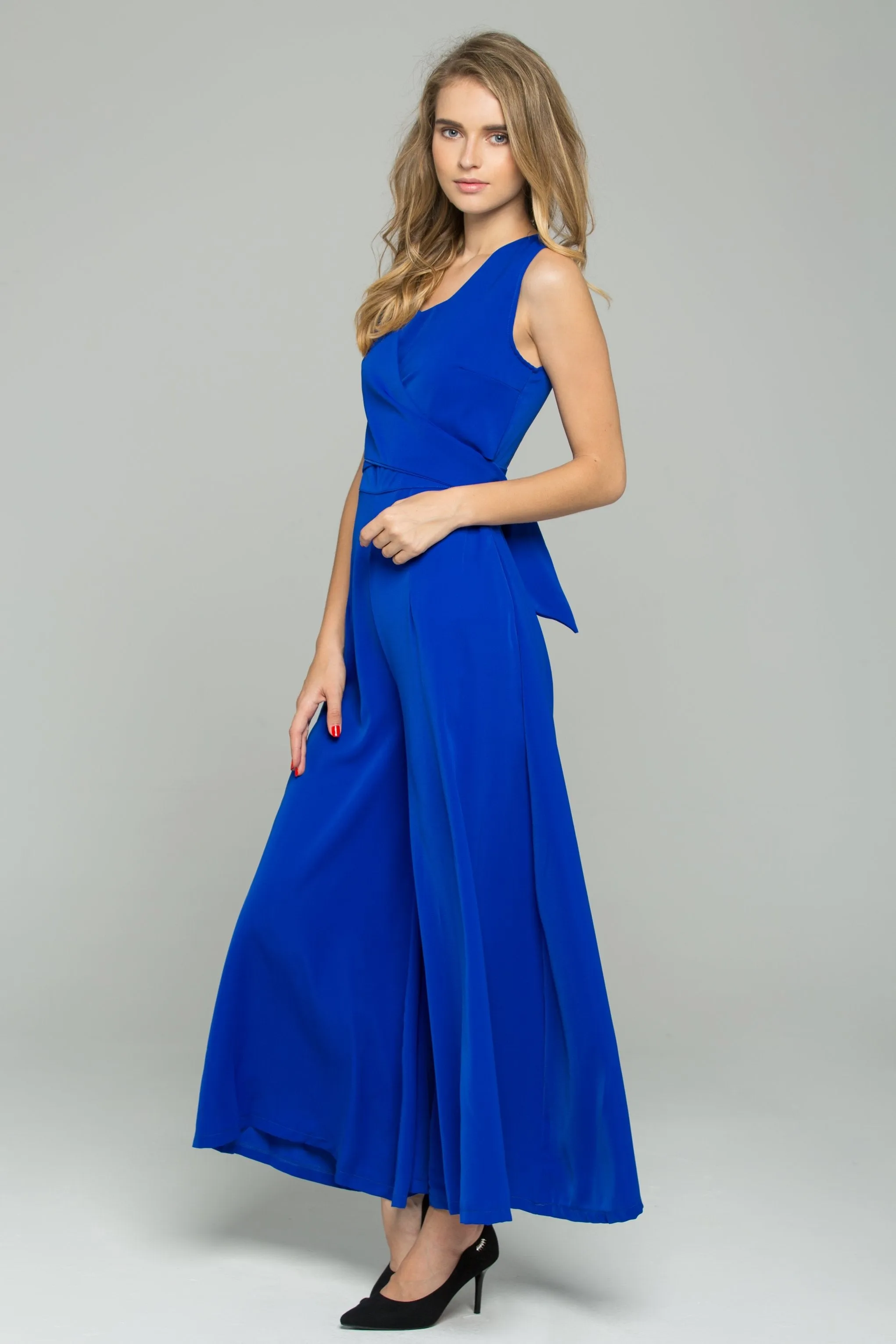 Blue Cotton V-Neck Sleeveless Tie Front Jumpsuit