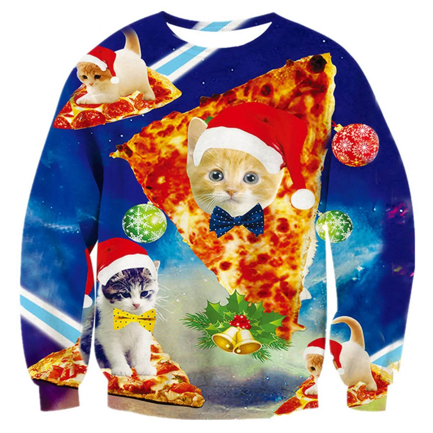 Blue Pizza Cat Ugly Christmas Sweater