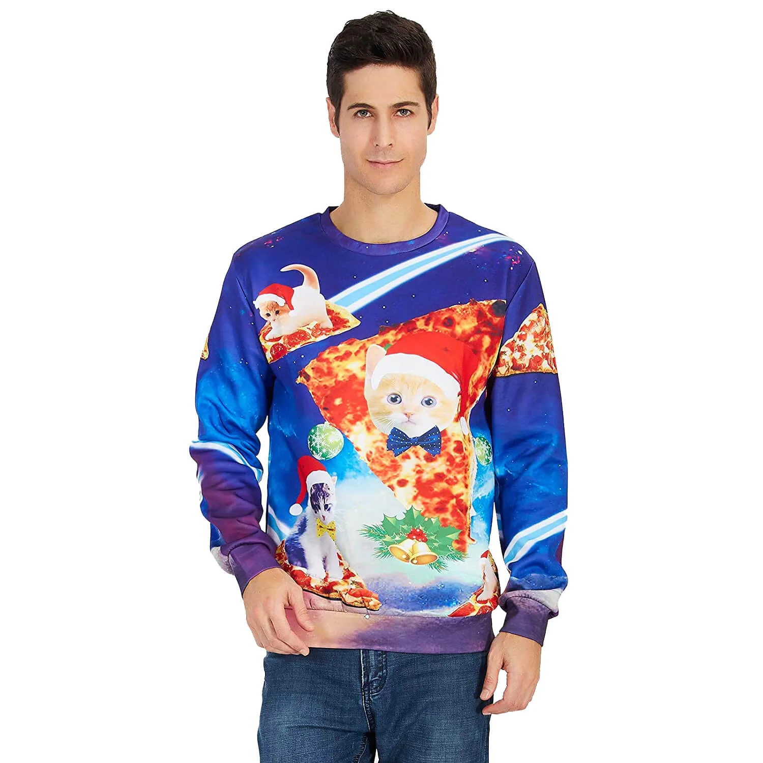 Blue Pizza Cat Ugly Christmas Sweater