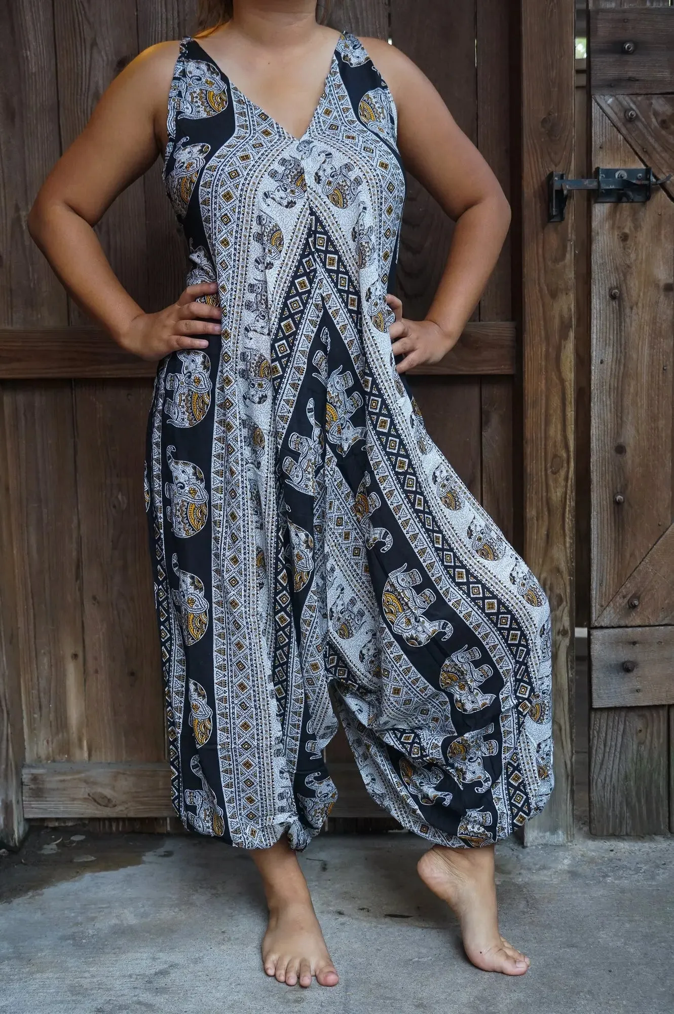 Bohemian Chic Black Elephant Wide Leg Jumpsuit