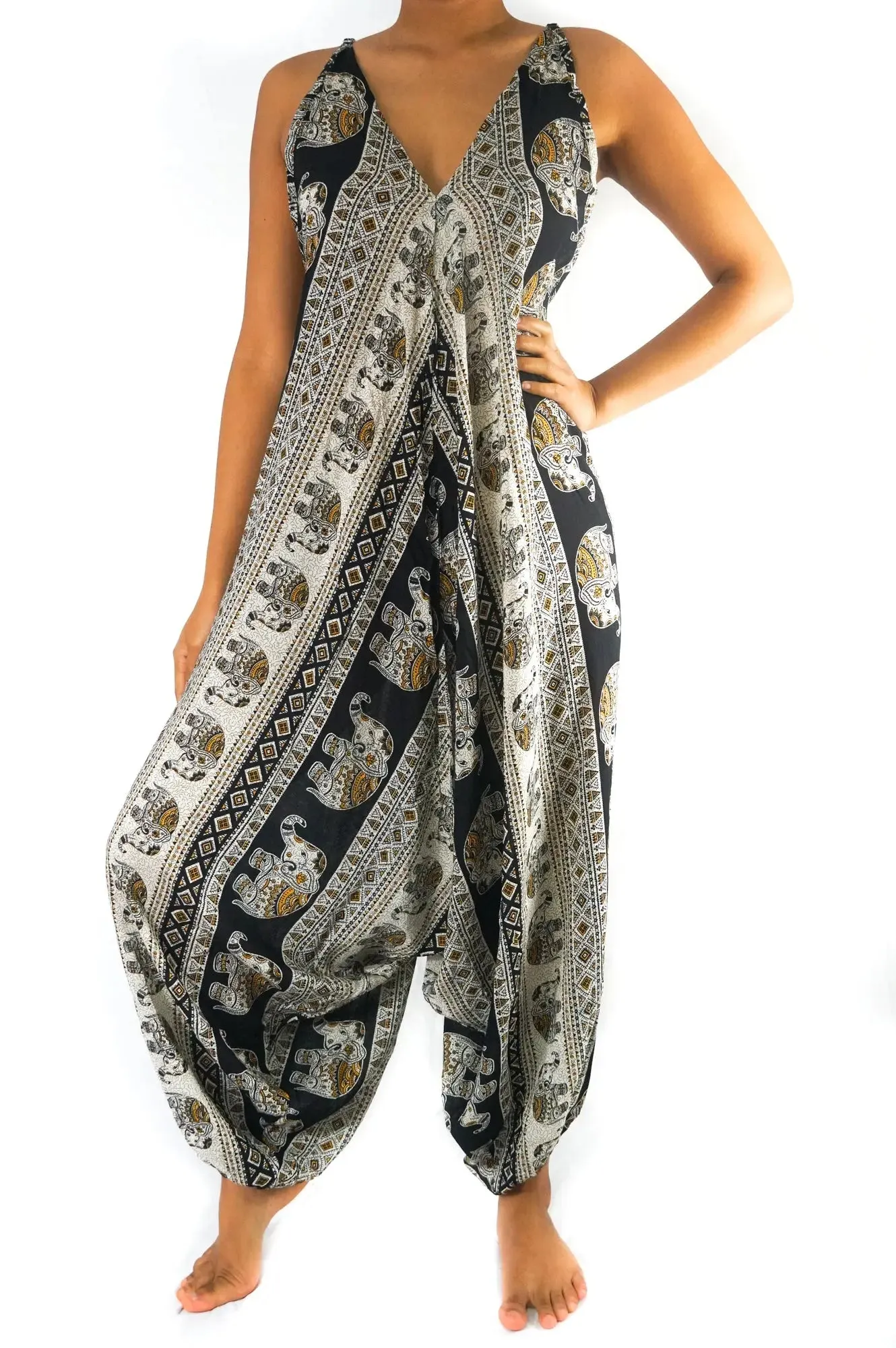 Bohemian Chic Black Elephant Wide Leg Jumpsuit