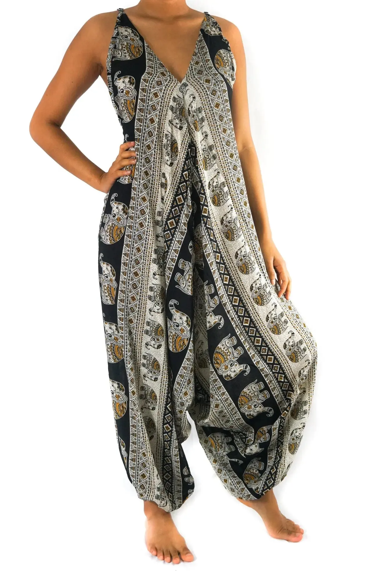 Bohemian Chic Black Elephant Wide Leg Jumpsuit