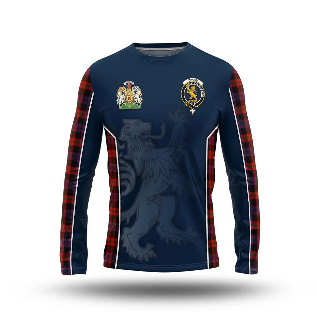 Broun Modern Tartan Long Sleeve T-Shirt with Family Crest and Lion Rampant Vibes Sport Style