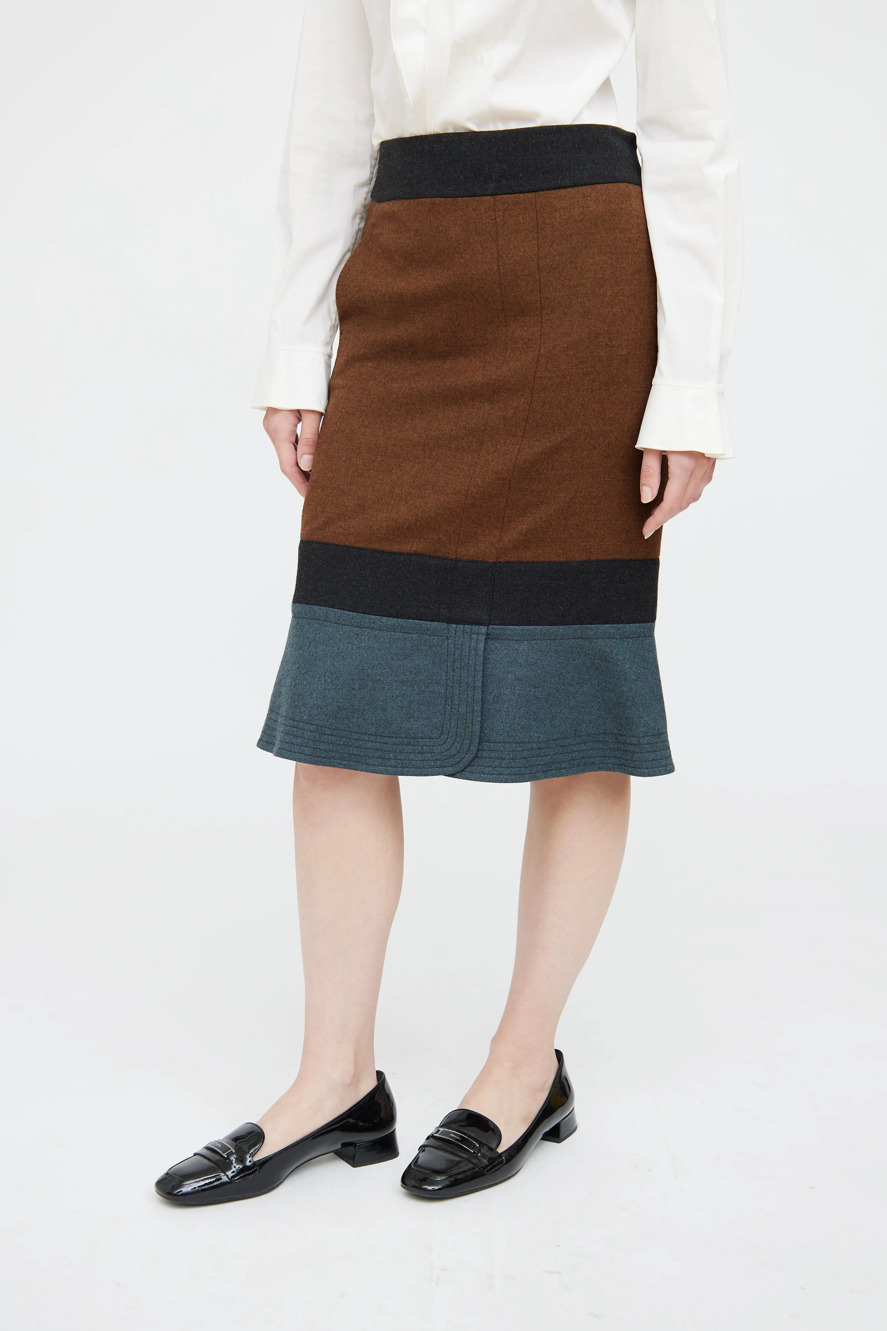 Brown Multi Panel Wool Pencil Skirt