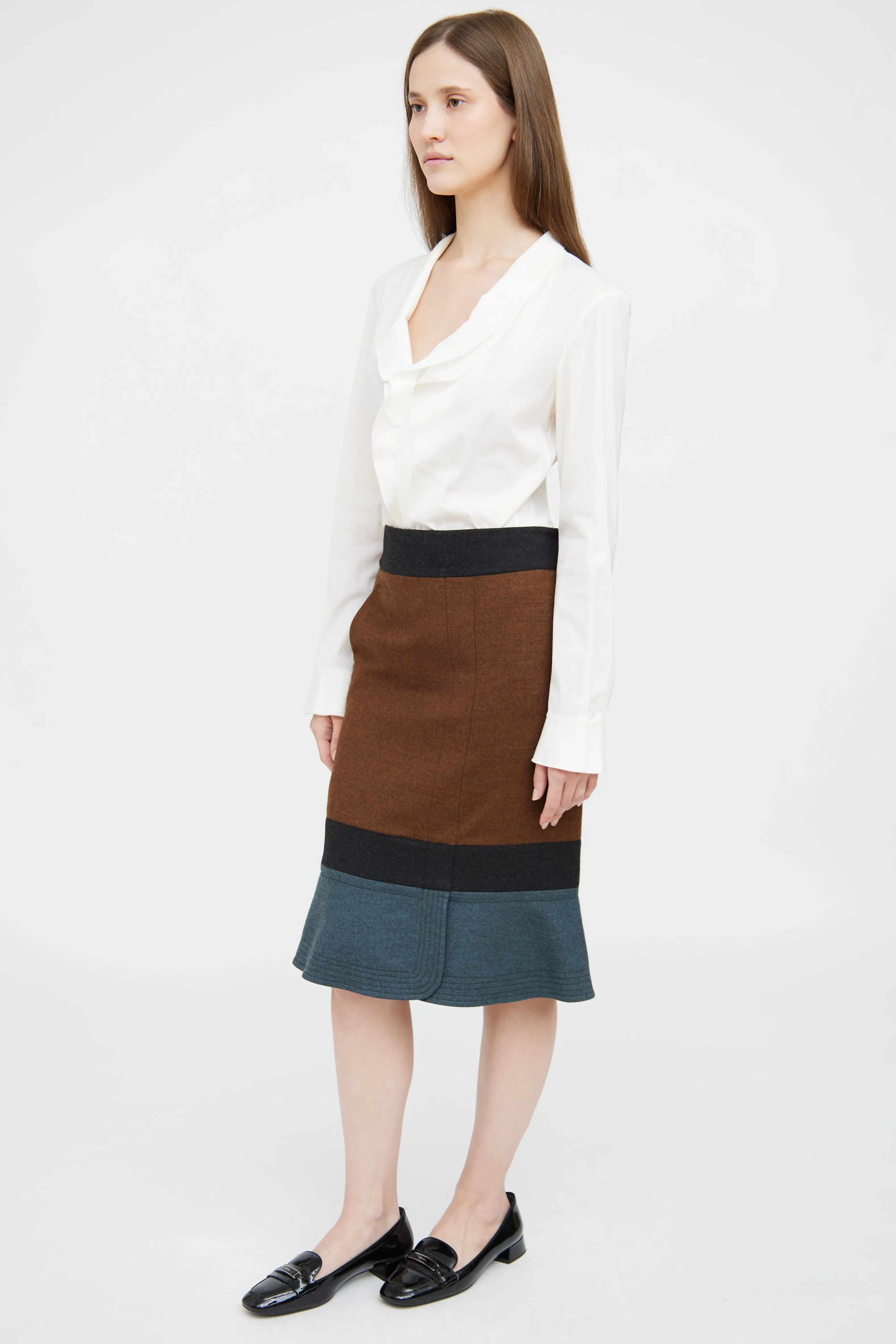 Brown Multi Panel Wool Pencil Skirt