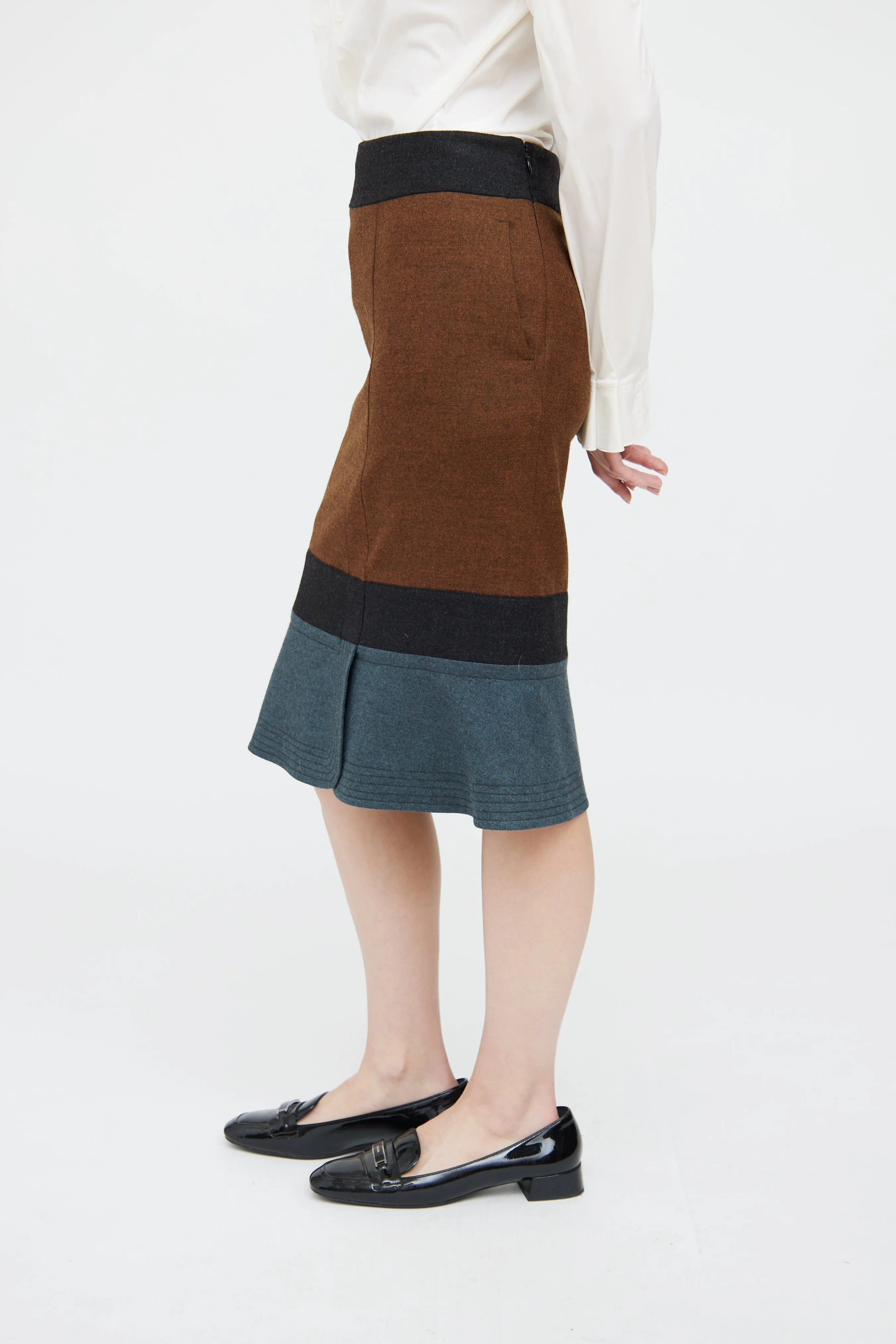 Brown Multi Panel Wool Pencil Skirt