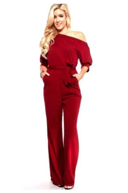 Burgundy One Shoulder Belted Jumpsuit