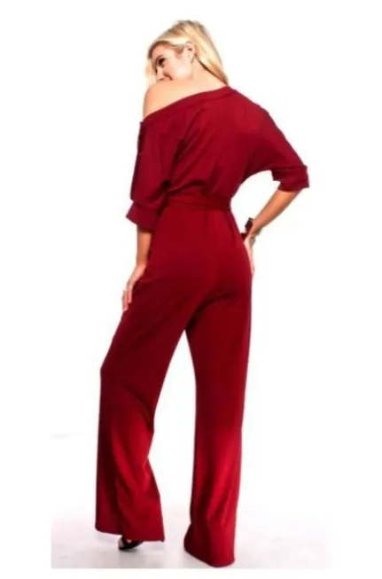 Burgundy One Shoulder Belted Jumpsuit