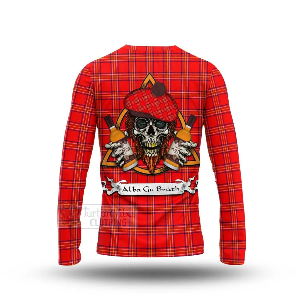 Burnett Tartan Long Sleeve T-Shirt with Family Crest and Bearded Skull Holding Bottles of Whiskey