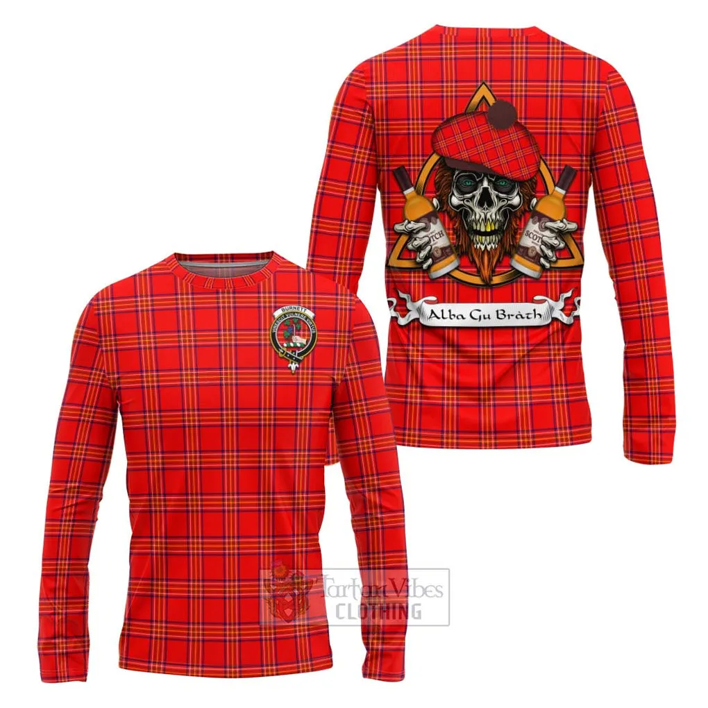 Burnett Tartan Long Sleeve T-Shirt with Family Crest and Bearded Skull Holding Bottles of Whiskey