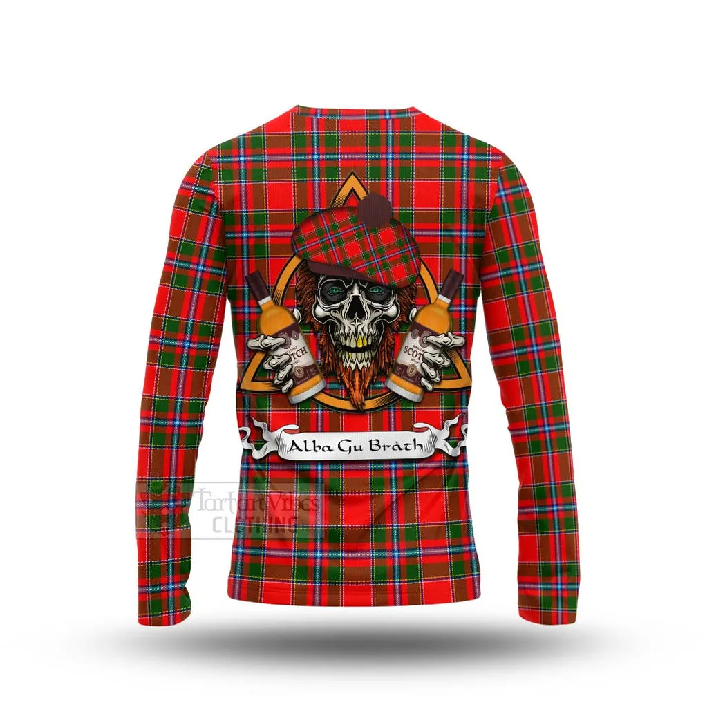 Butter Tartan Long Sleeve T-Shirt with Family Crest and Bearded Skull Holding Bottles of Whiskey