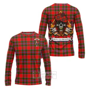 Butter Tartan Long Sleeve T-Shirt with Family Crest and Bearded Skull Holding Bottles of Whiskey