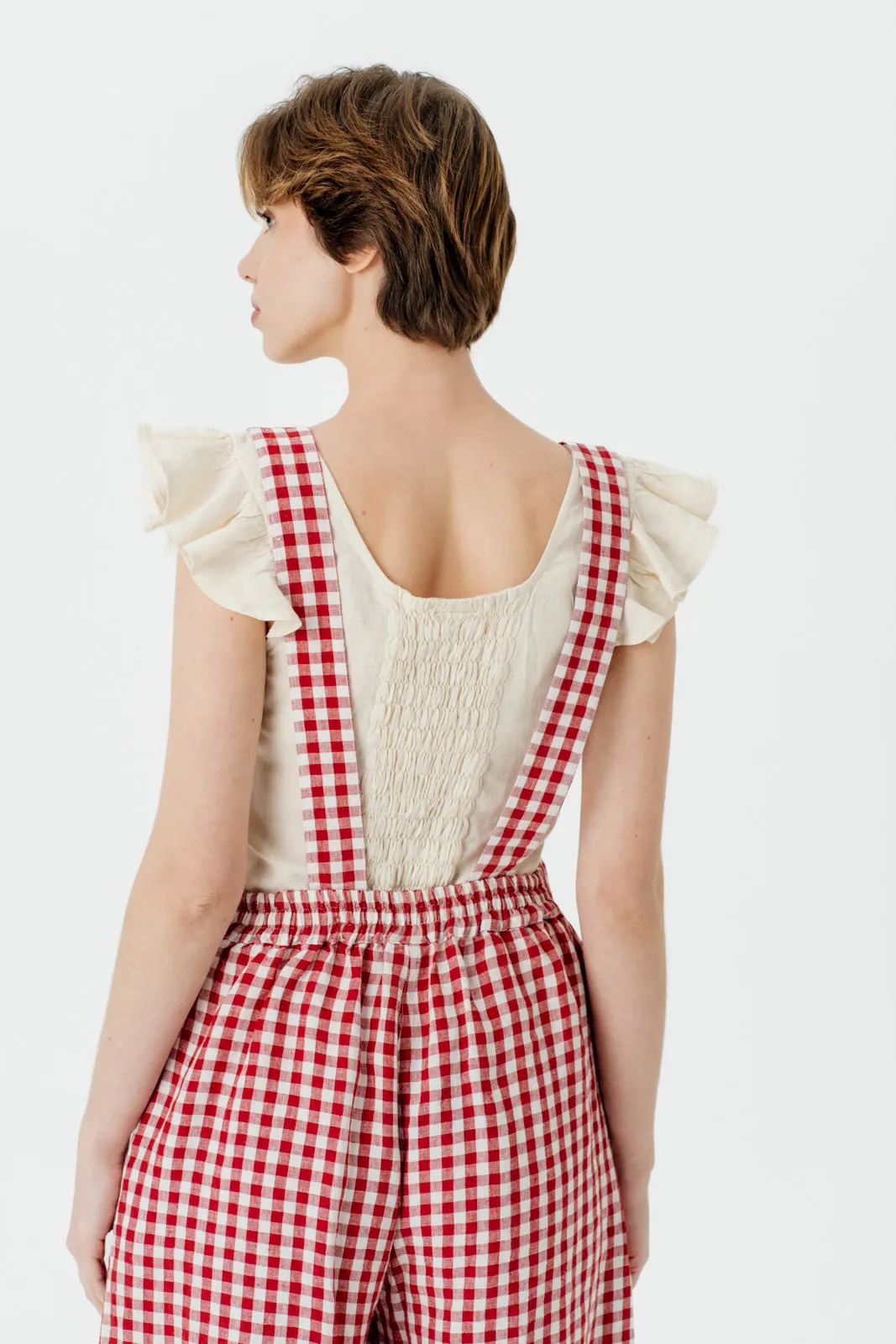 Button Front Jumpsuit, Red Gingham