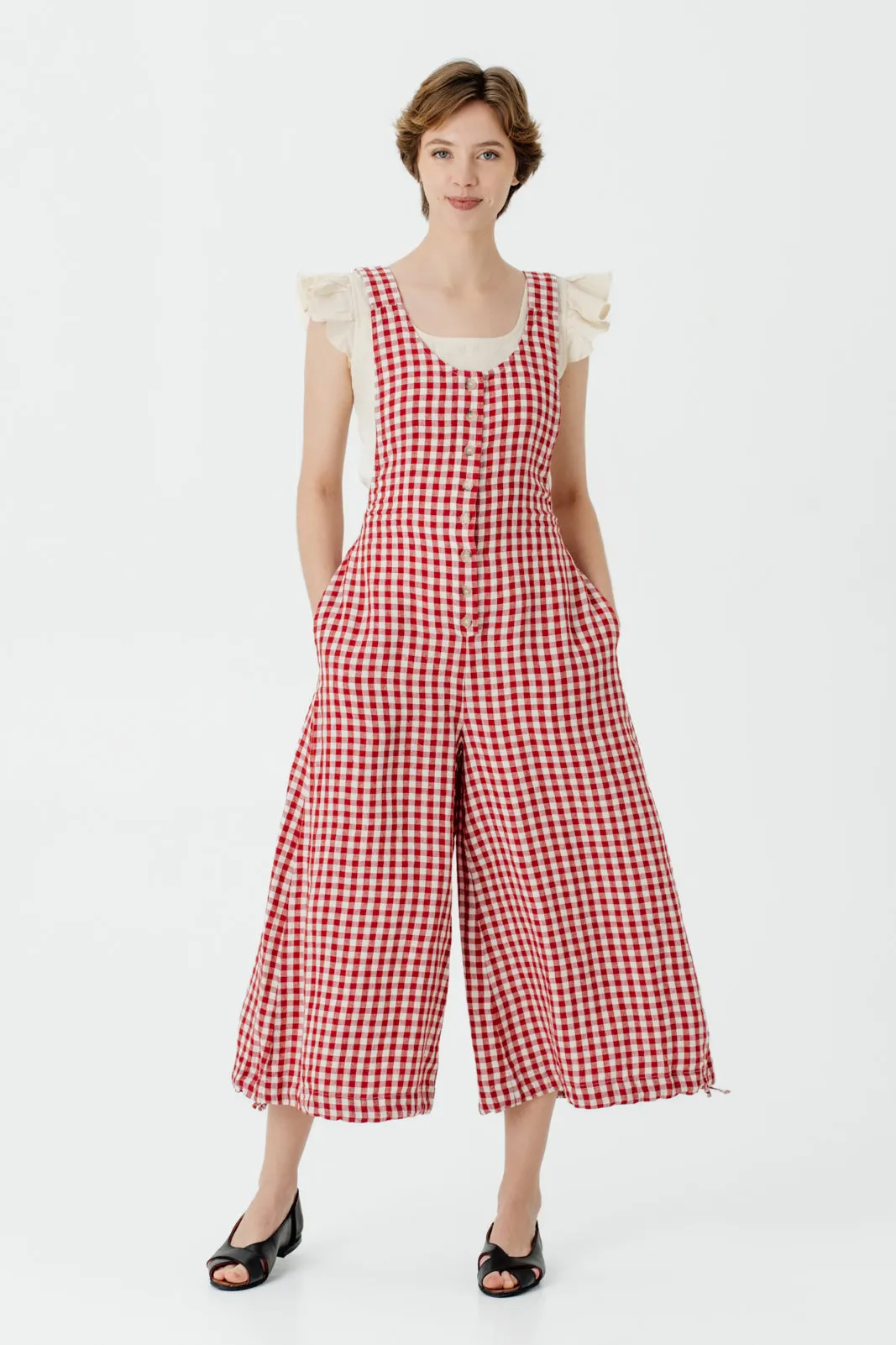 Button Front Jumpsuit, Red Gingham