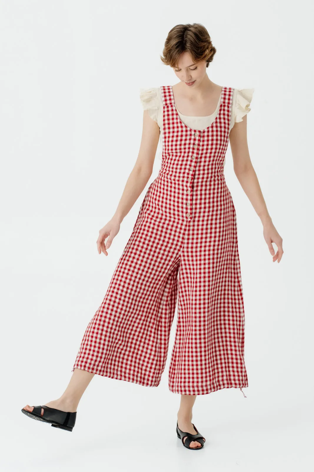 Button Front Jumpsuit, Red Gingham