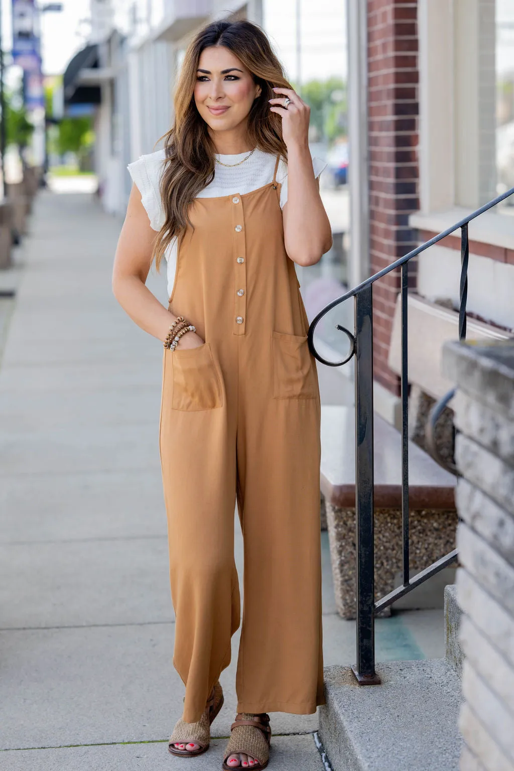 Button Front Tie Strap Jumpsuit