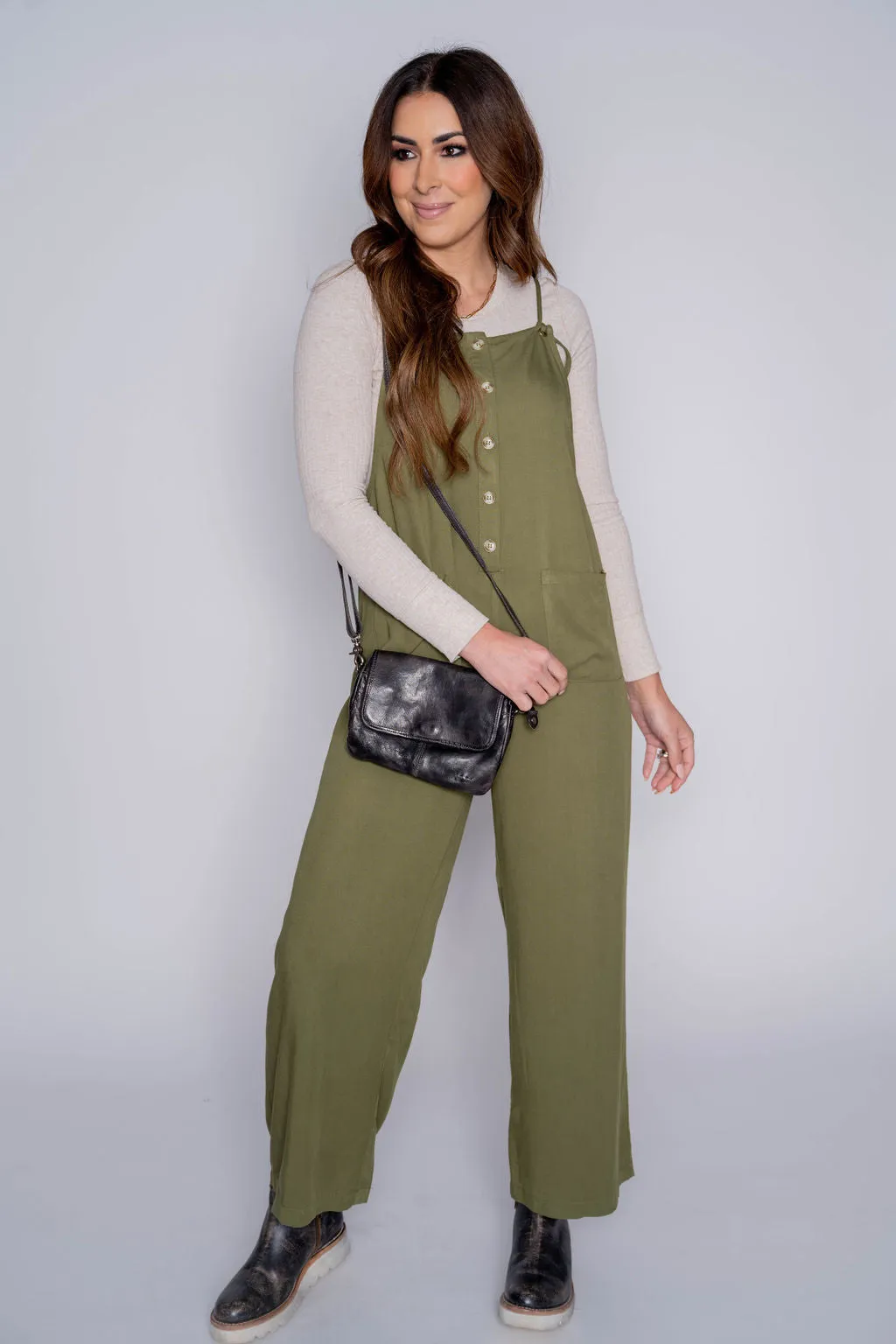 Button Front Tie Strap Jumpsuit