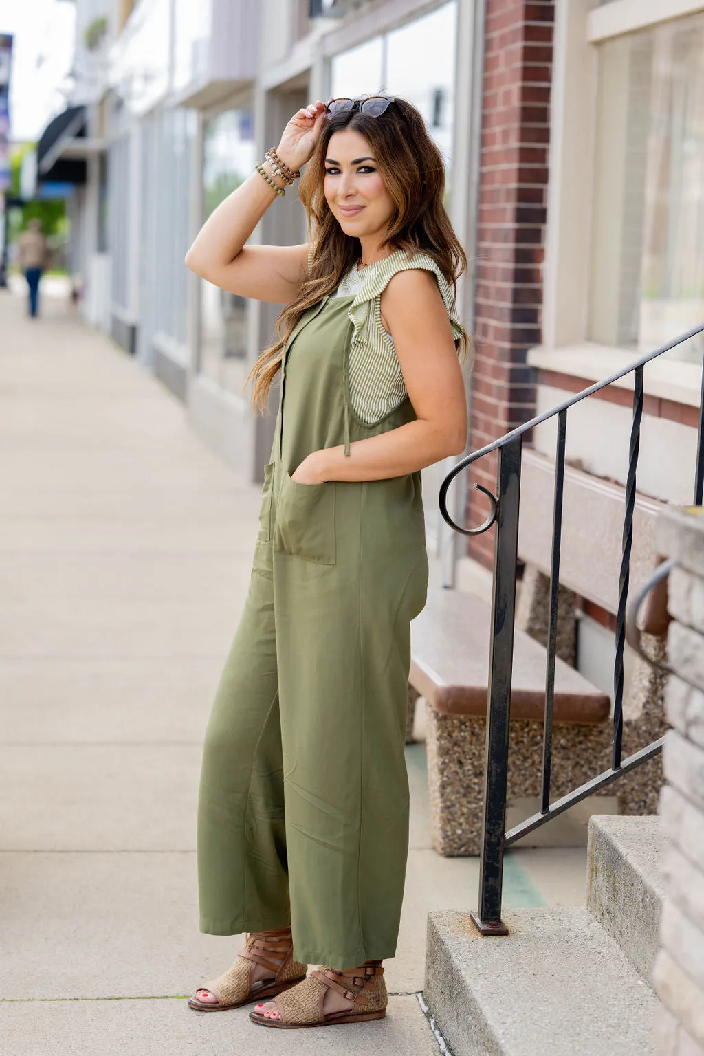 Button Front Tie Strap Jumpsuit