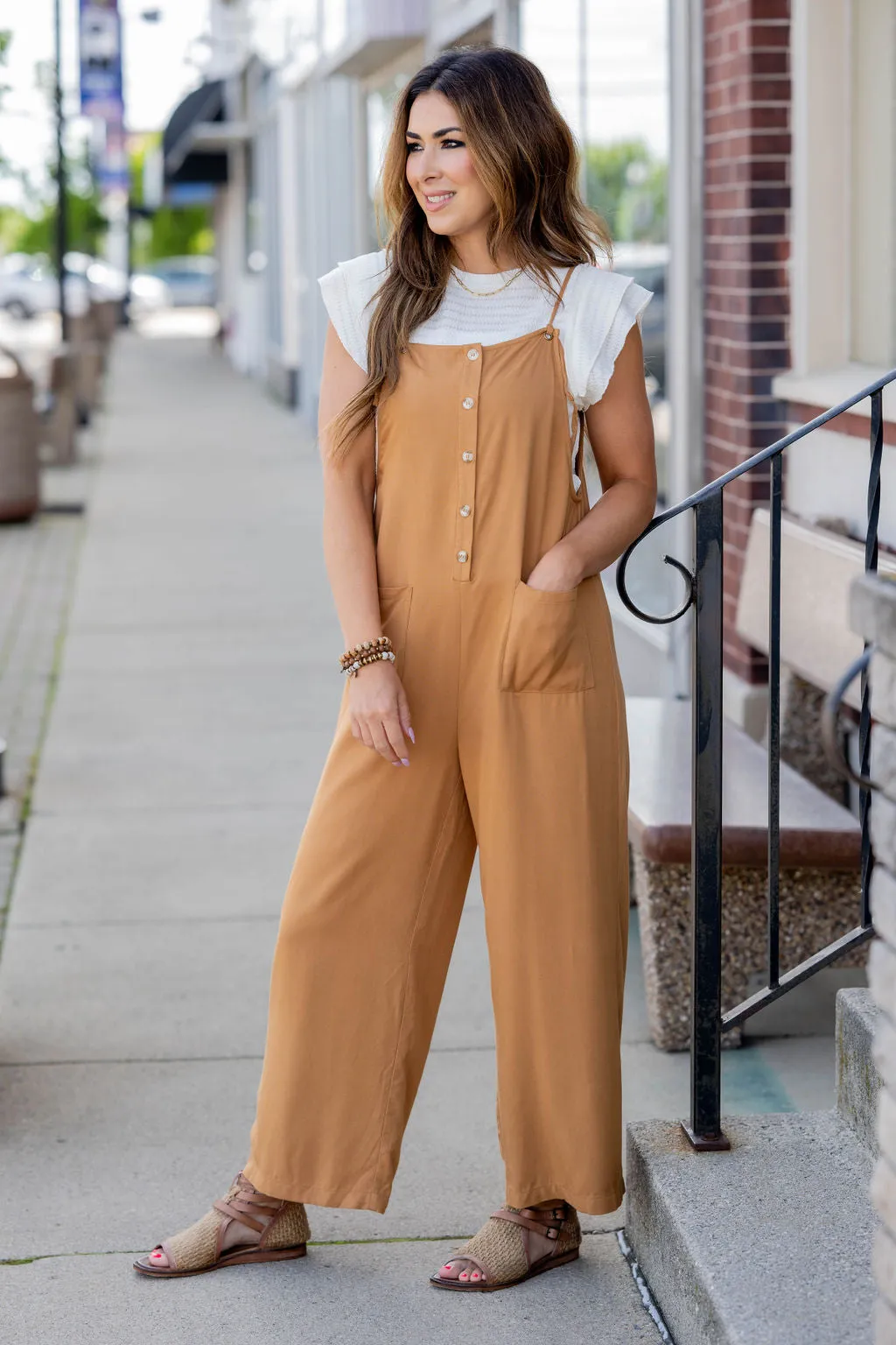 Button Front Tie Strap Jumpsuit