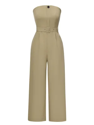 Camel 1930s Solid Strapless Belt Jumpsuit