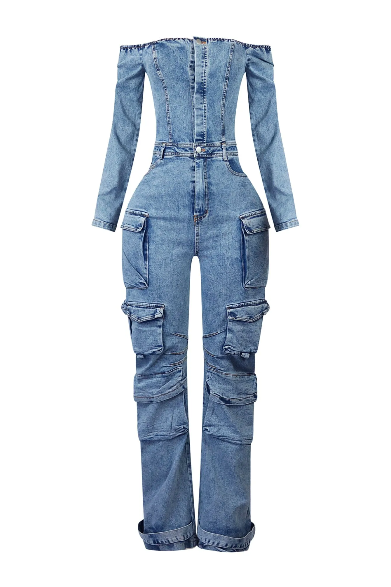 Carla Denim Off Shoulder Cargo Jumpsuit