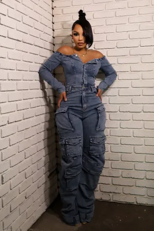 Carla Denim Off Shoulder Cargo Jumpsuit