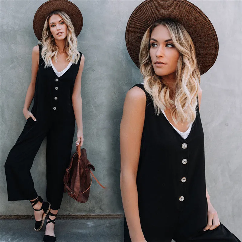 Casual V-Neck Solid Loose Wide Leg Jumpsuit Rompers