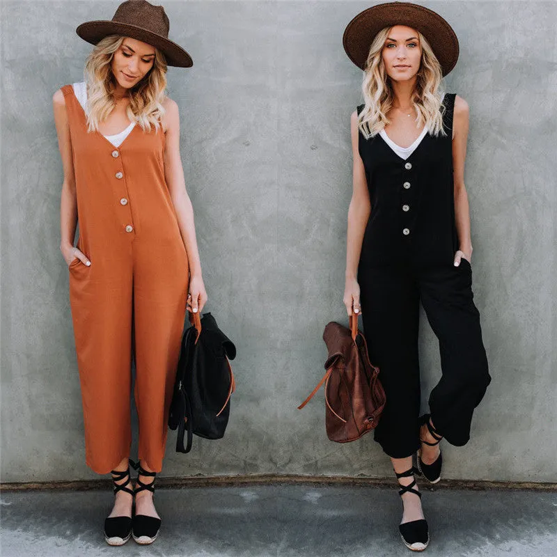 Casual V-Neck Solid Loose Wide Leg Jumpsuit Rompers