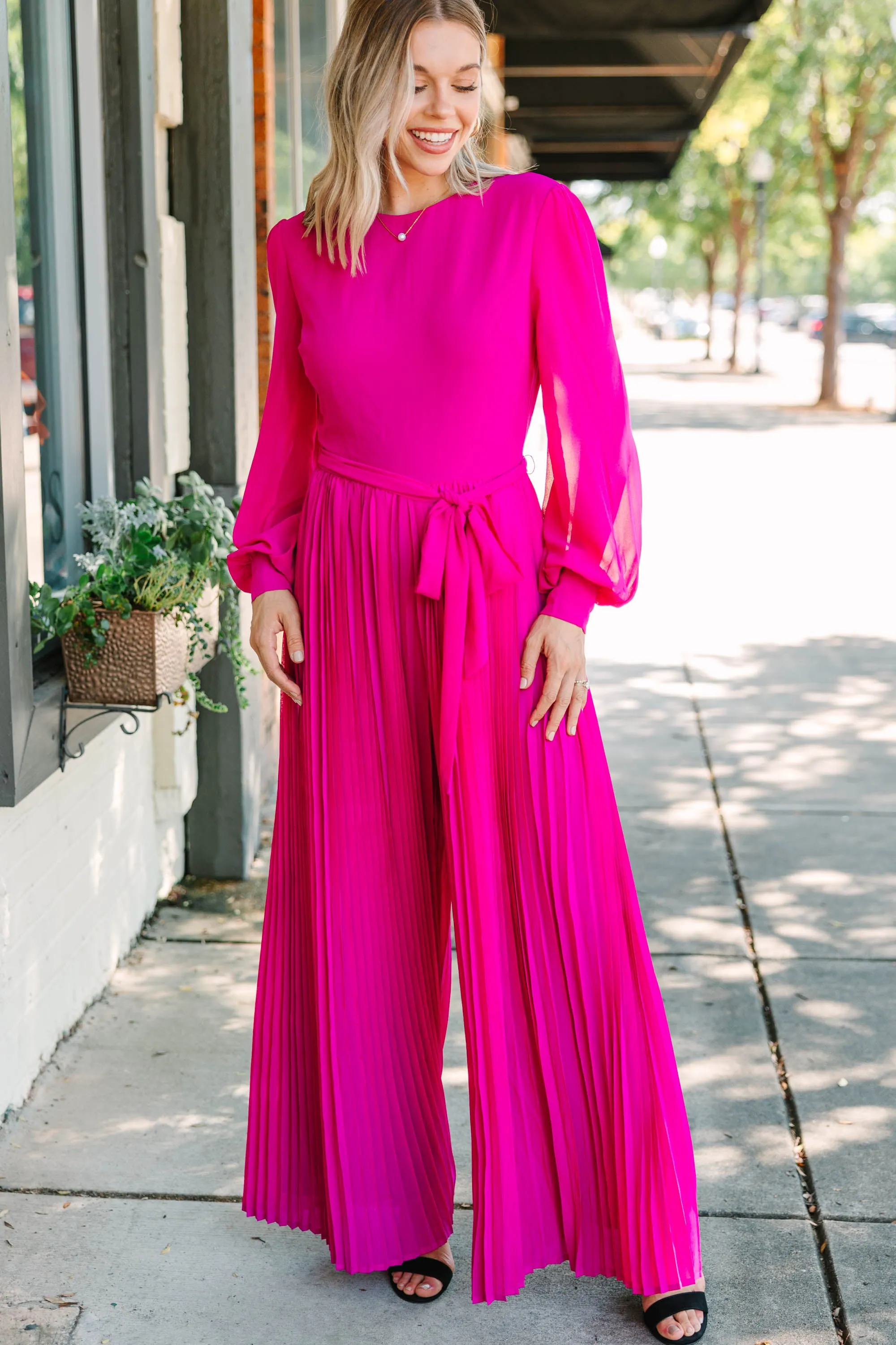 Center Of Attention Magenta Pink Pleated Jumpsuit