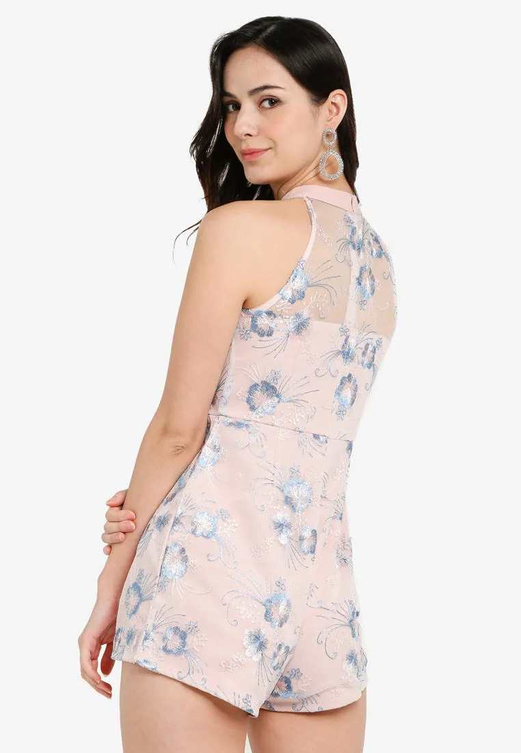 Cerise Mesh Floral Cheongsam Romper in Pink