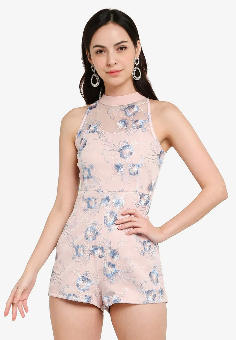 Cerise Mesh Floral Cheongsam Romper in Pink