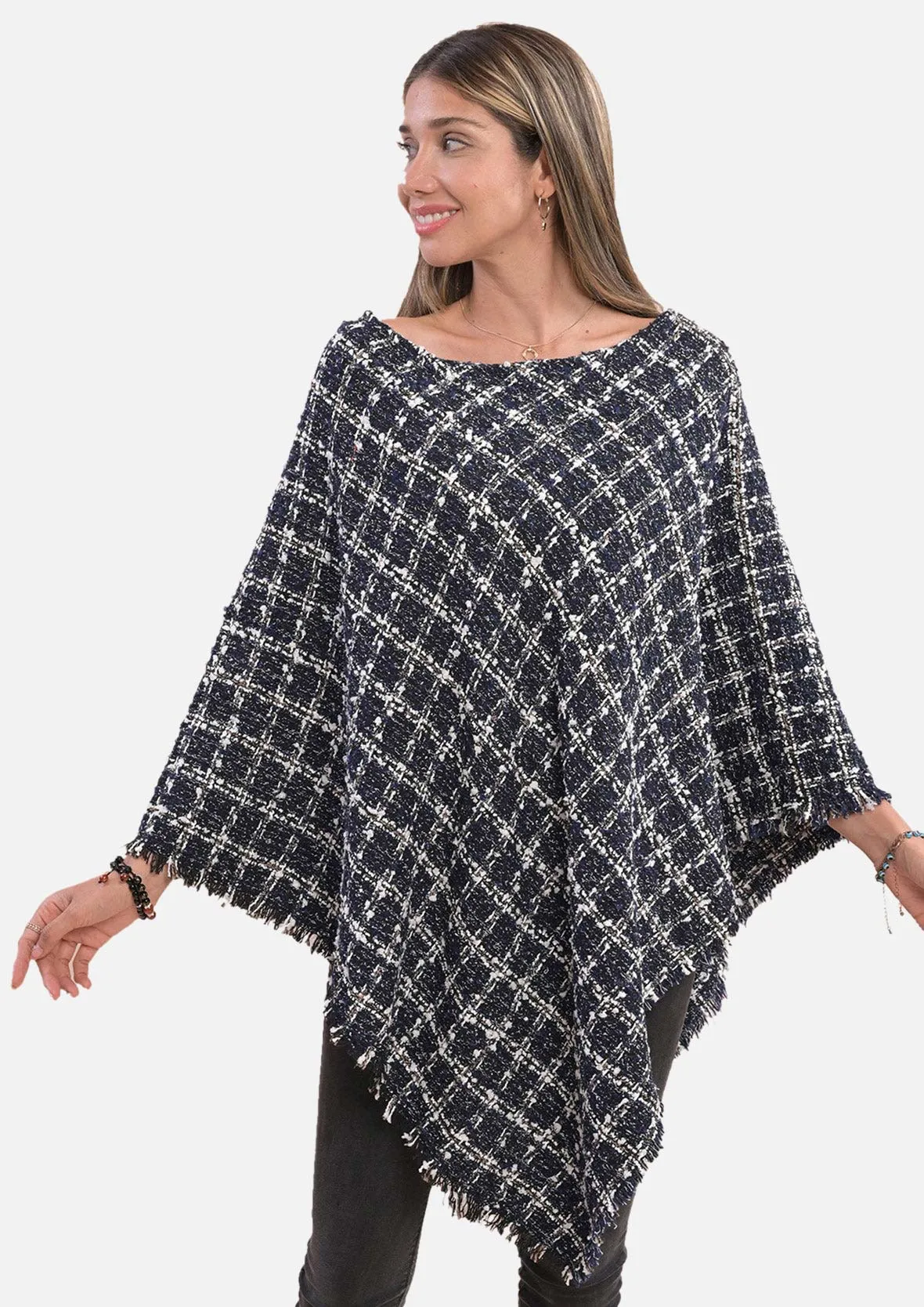 Check Pattern Tweed Poncho