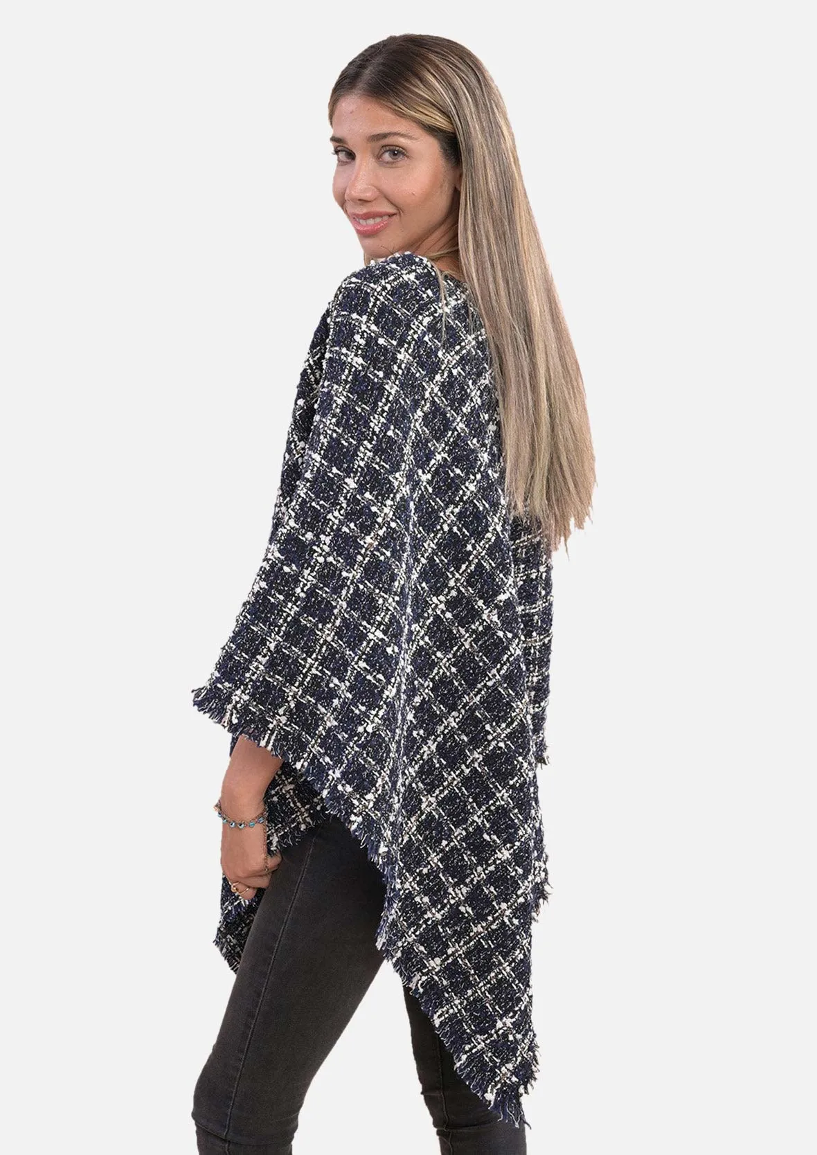 Check Pattern Tweed Poncho