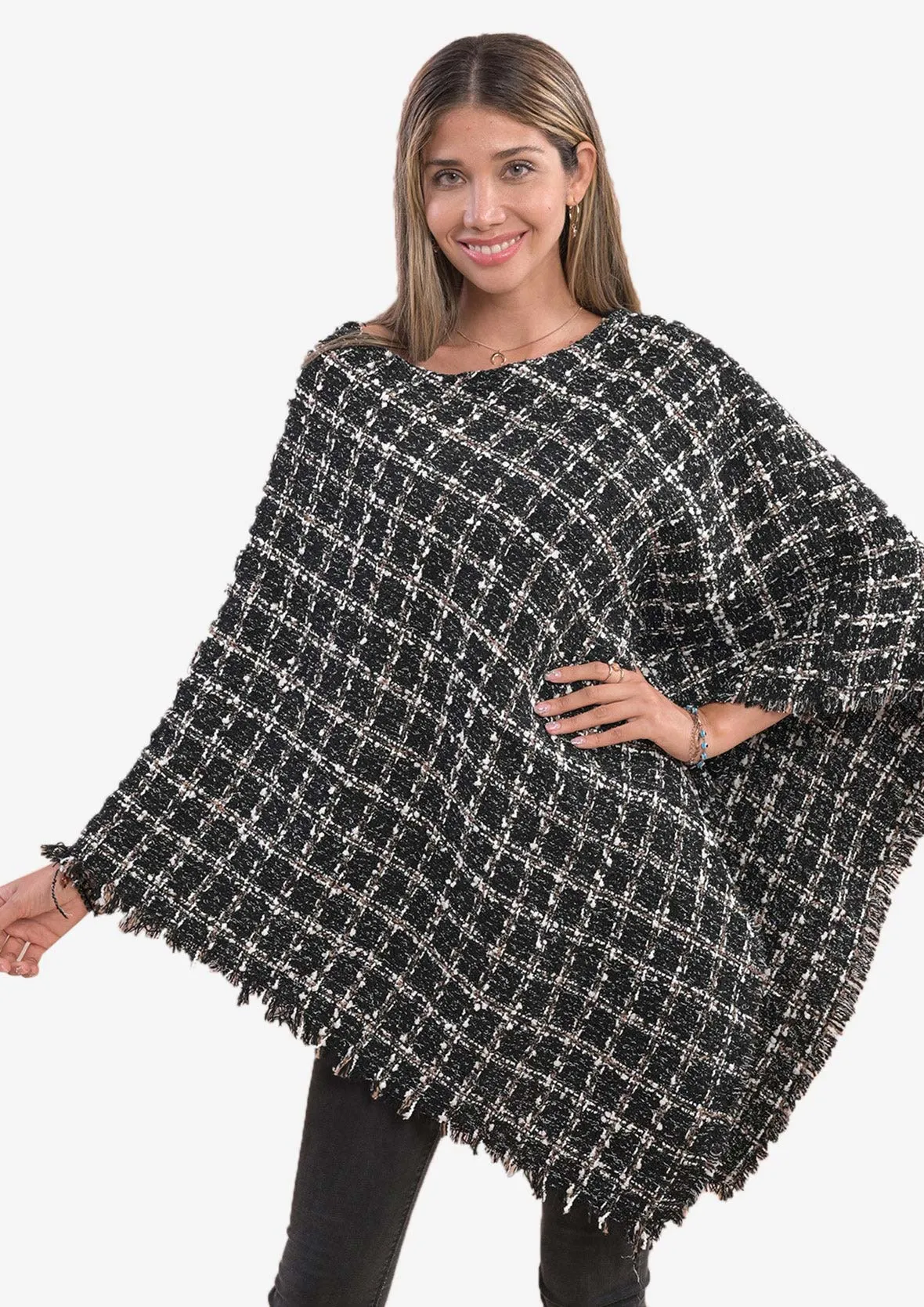 Check Pattern Tweed Poncho