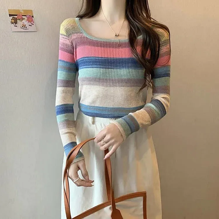 Chic Rainbow Striped Colorblock Pullover Knit Shirt