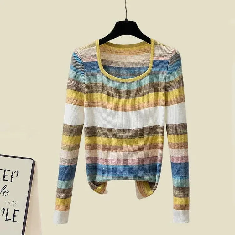 Chic Rainbow Striped Colorblock Pullover Knit Shirt