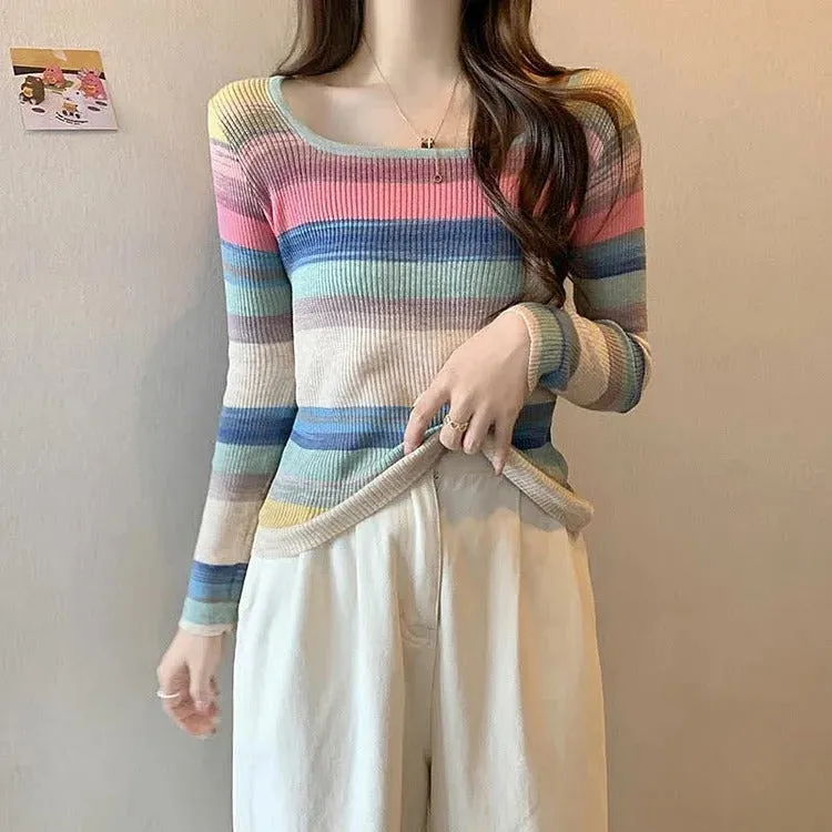 Chic Rainbow Striped Colorblock Pullover Knit Shirt