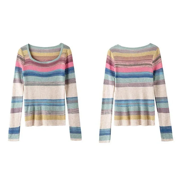 Chic Rainbow Striped Colorblock Pullover Knit Shirt