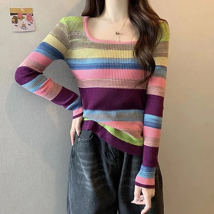 Chic Rainbow Striped Colorblock Pullover Knit Shirt