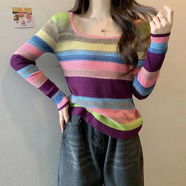 Chic Rainbow Striped Colorblock Pullover Knit Shirt