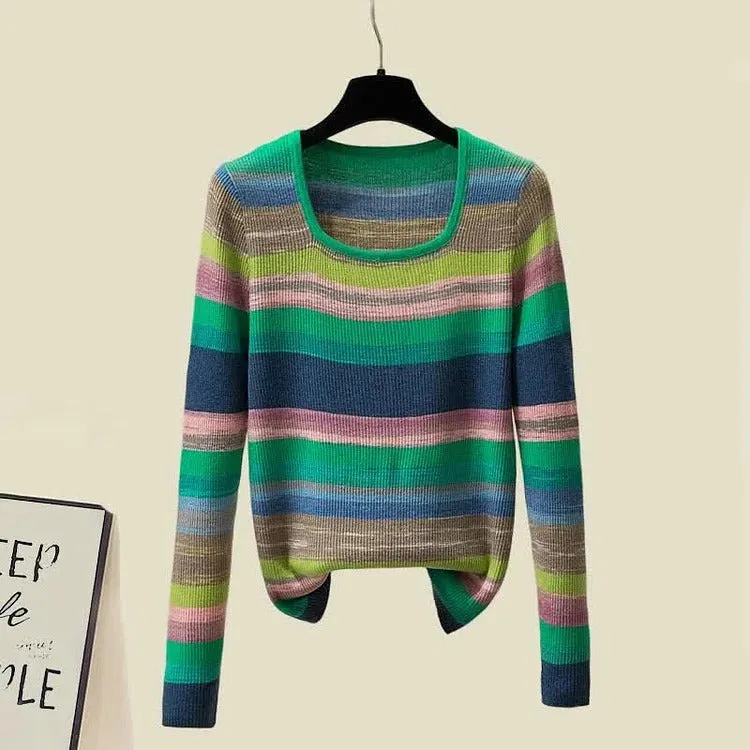 Chic Rainbow Striped Colorblock Pullover Knit Shirt