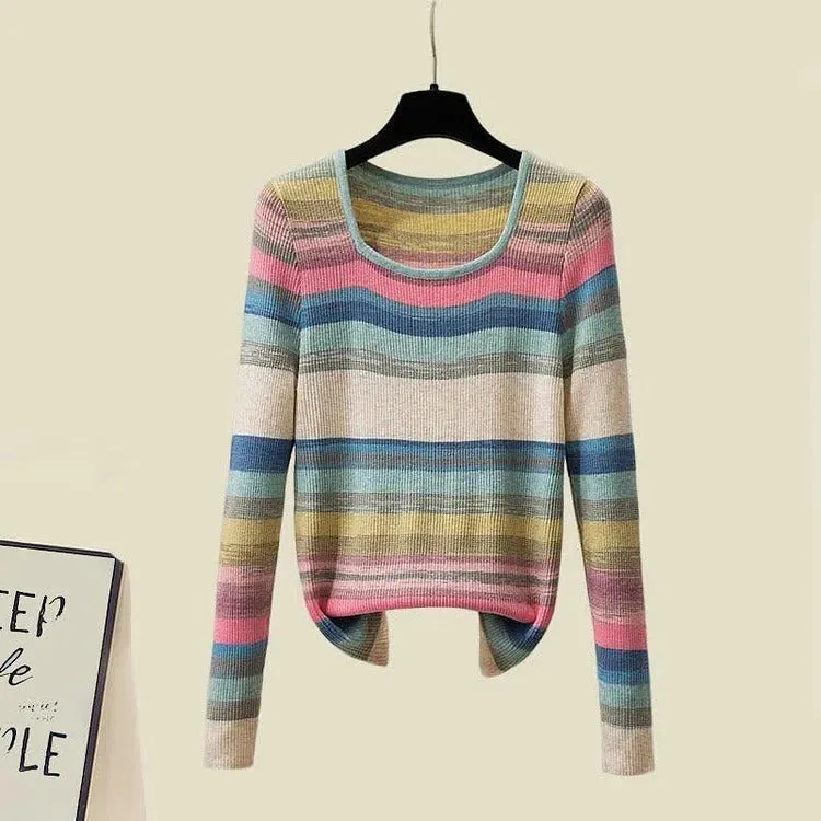 Chic Rainbow Striped Colorblock Pullover Knit Shirt