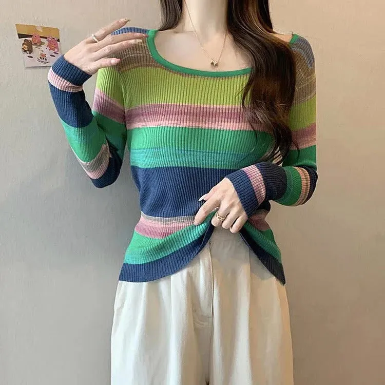 Chic Rainbow Striped Colorblock Pullover Knit Shirt