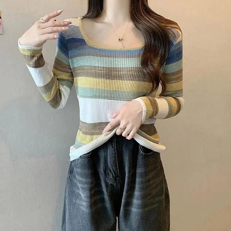 Chic Rainbow Striped Colorblock Pullover Knit Shirt