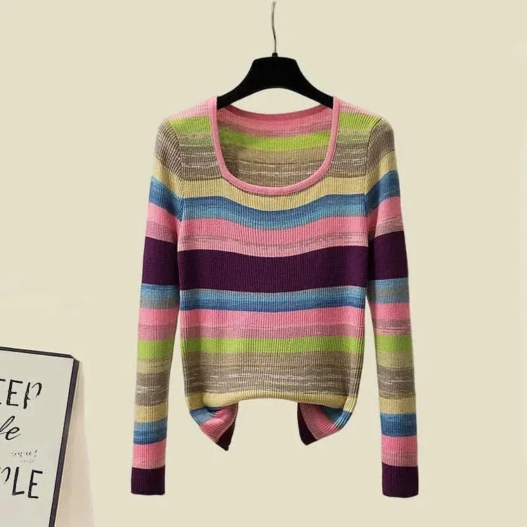 Chic Rainbow Striped Colorblock Pullover Knit Shirt