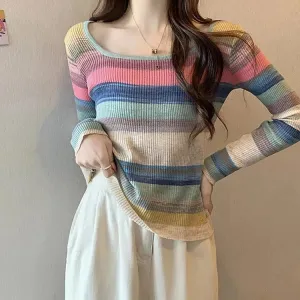 Chic Rainbow Striped Colorblock Pullover Knit Shirt