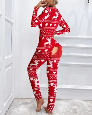 Christmas Cutout Functional Buttoned Flap Adults Pajamas