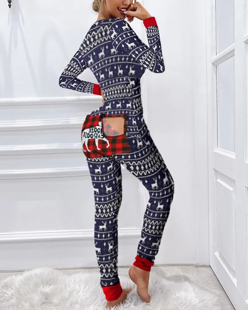 Christmas Print Plaid Functional Buttoned Flap Adults Pajamas